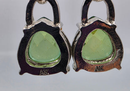 ANNE KLEIN Vintage Green Glass Rhinestone/ Silver Tone Dangle Earrings