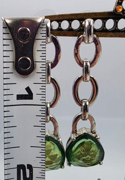 ANNE KLEIN Vintage Green Glass Rhinestone/ Silver Tone Dangle Earrings