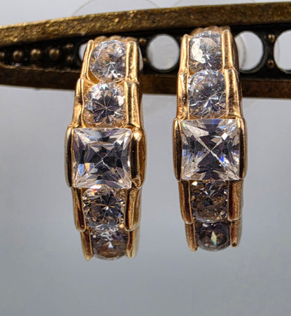Gold Tone/ Clear Glass Rhinestone Half Hoop Earrings