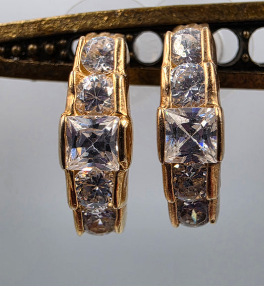 Gold Tone/ Clear Glass Rhinestone Half Hoop Earrings