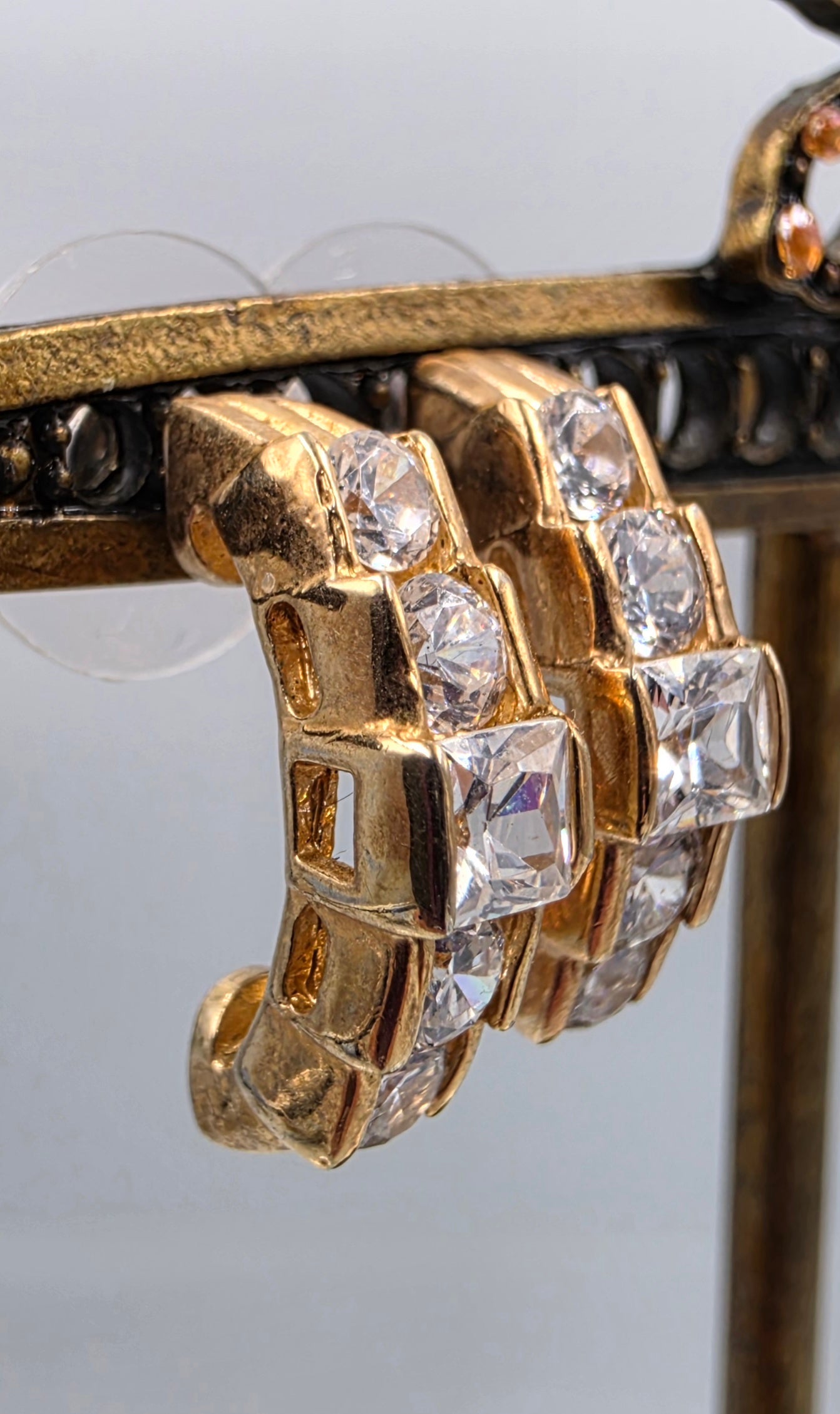 Gold Tone/ Clear Glass Rhinestone Half Hoop Earrings