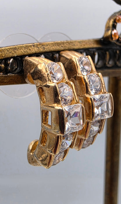 Gold Tone/ Clear Glass Rhinestone Half Hoop Earrings