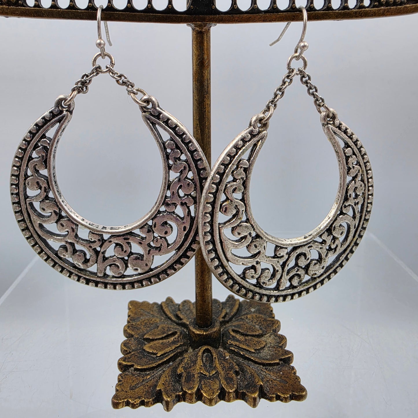 PREMIER DESIGNS 2.5" Pewter Finish Crescent Filagree Dangle Earrings