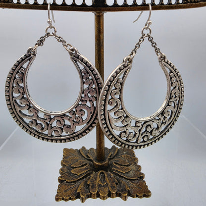 PREMIER DESIGNS 2.5" Pewter Finish Crescent Filagree Dangle Earrings