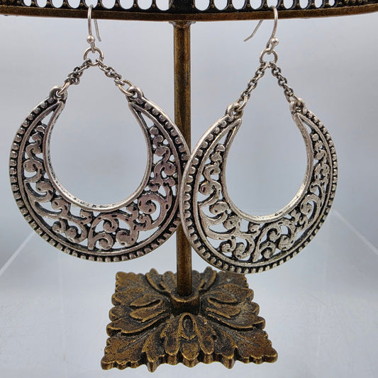 PREMIER DESIGNS 2.5" Pewter Finish Crescent Filagree Dangle Earrings