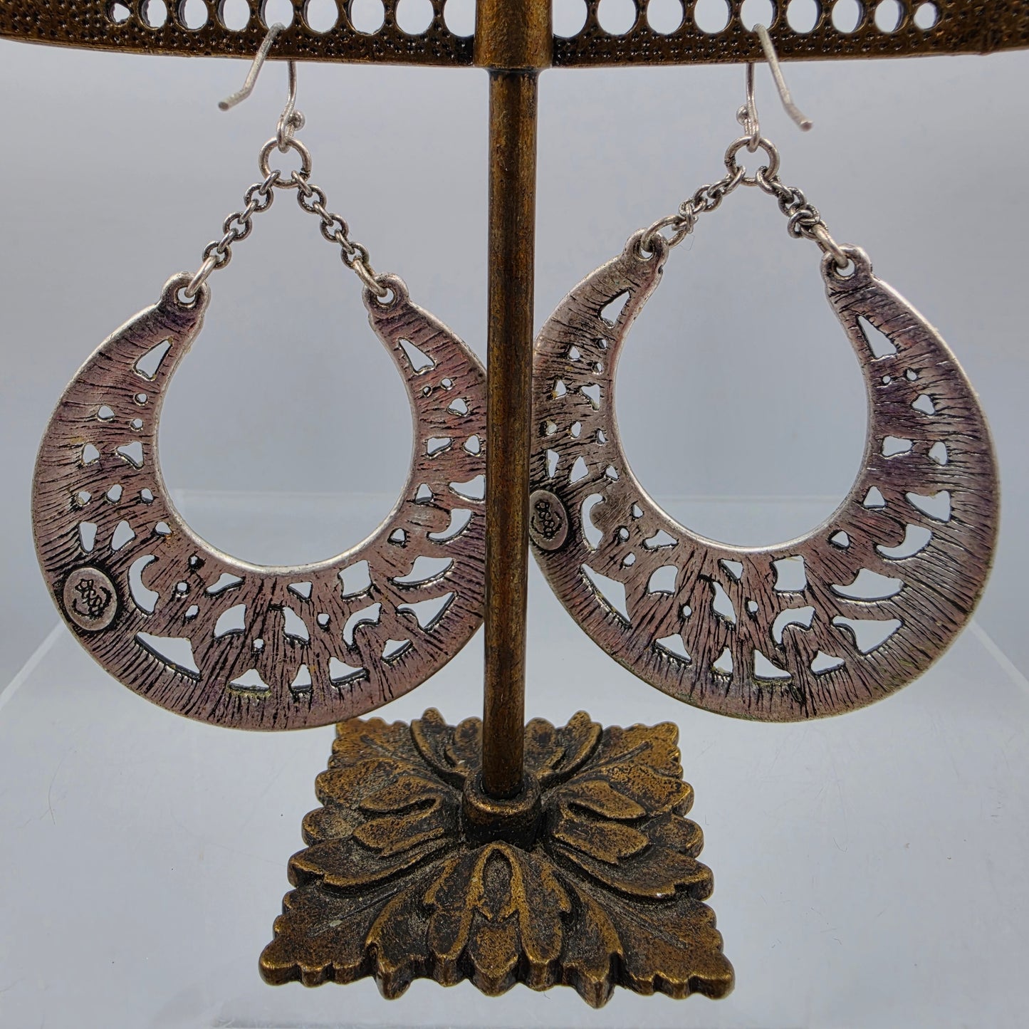 PREMIER DESIGNS 2.5" Pewter Finish Crescent Filagree Dangle Earrings