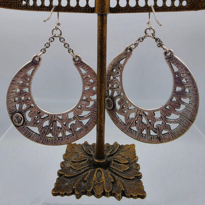 PREMIER DESIGNS 2.5" Pewter Finish Crescent Filagree Dangle Earrings