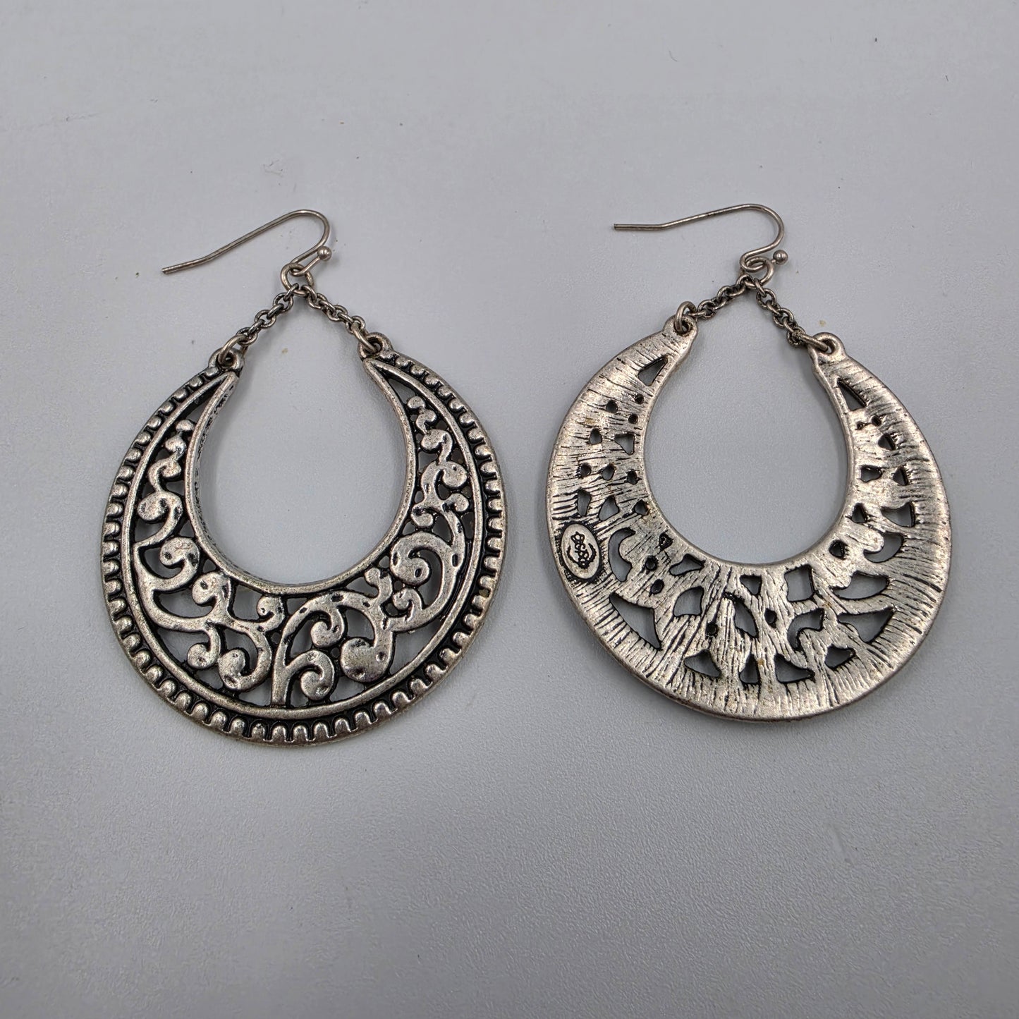 PREMIER DESIGNS 2.5" Pewter Finish Crescent Filagree Dangle Earrings