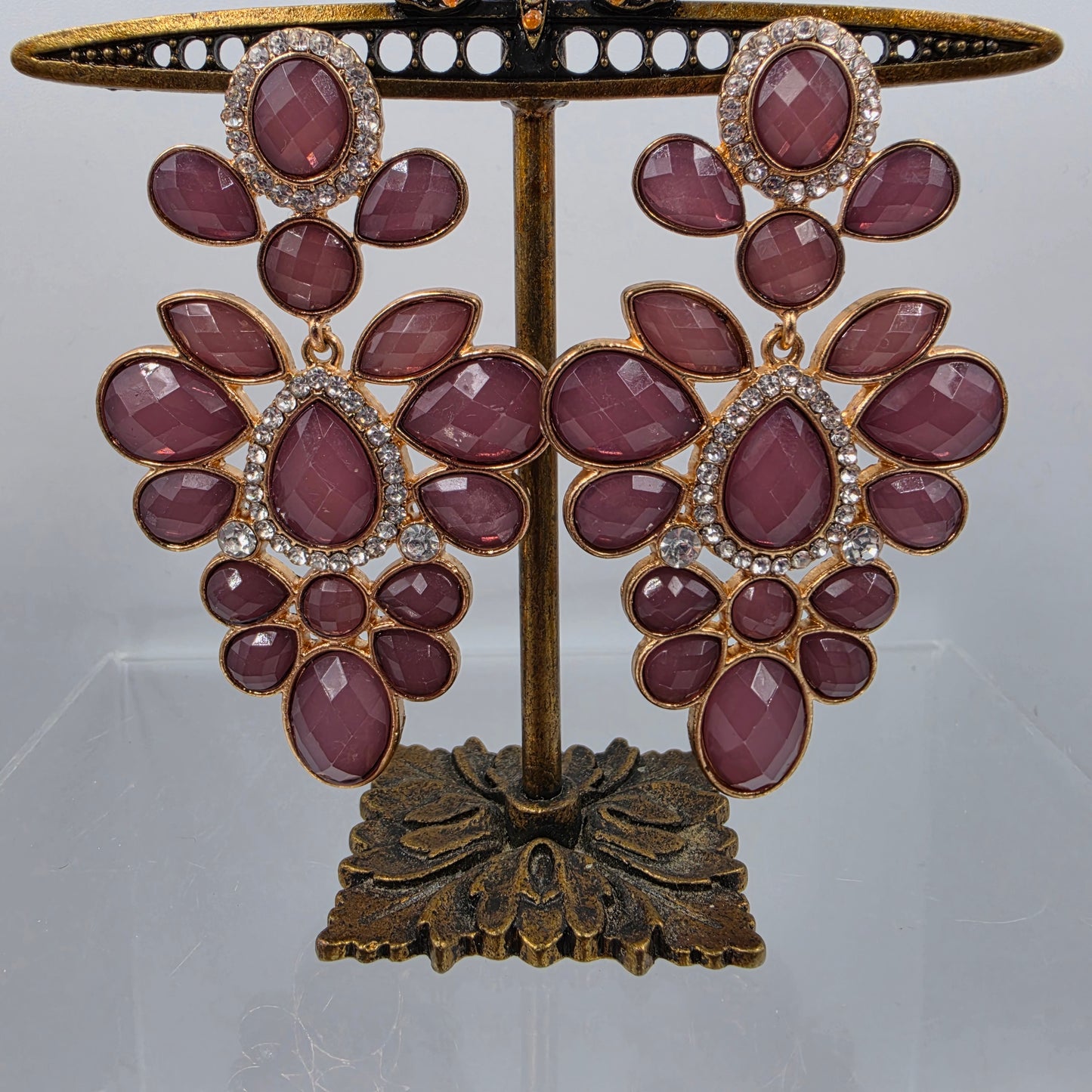 3" Mauve Pink/ Clear Rhinestone Statement Chandelier Earrings