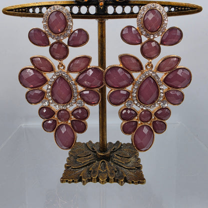 3" Mauve Pink/ Clear Rhinestone Statement Chandelier Earrings