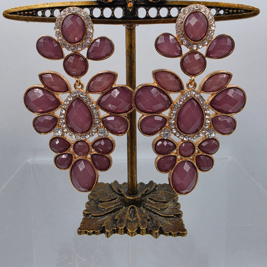 3" Mauve Pink/ Clear Rhinestone Statement Chandelier Earrings