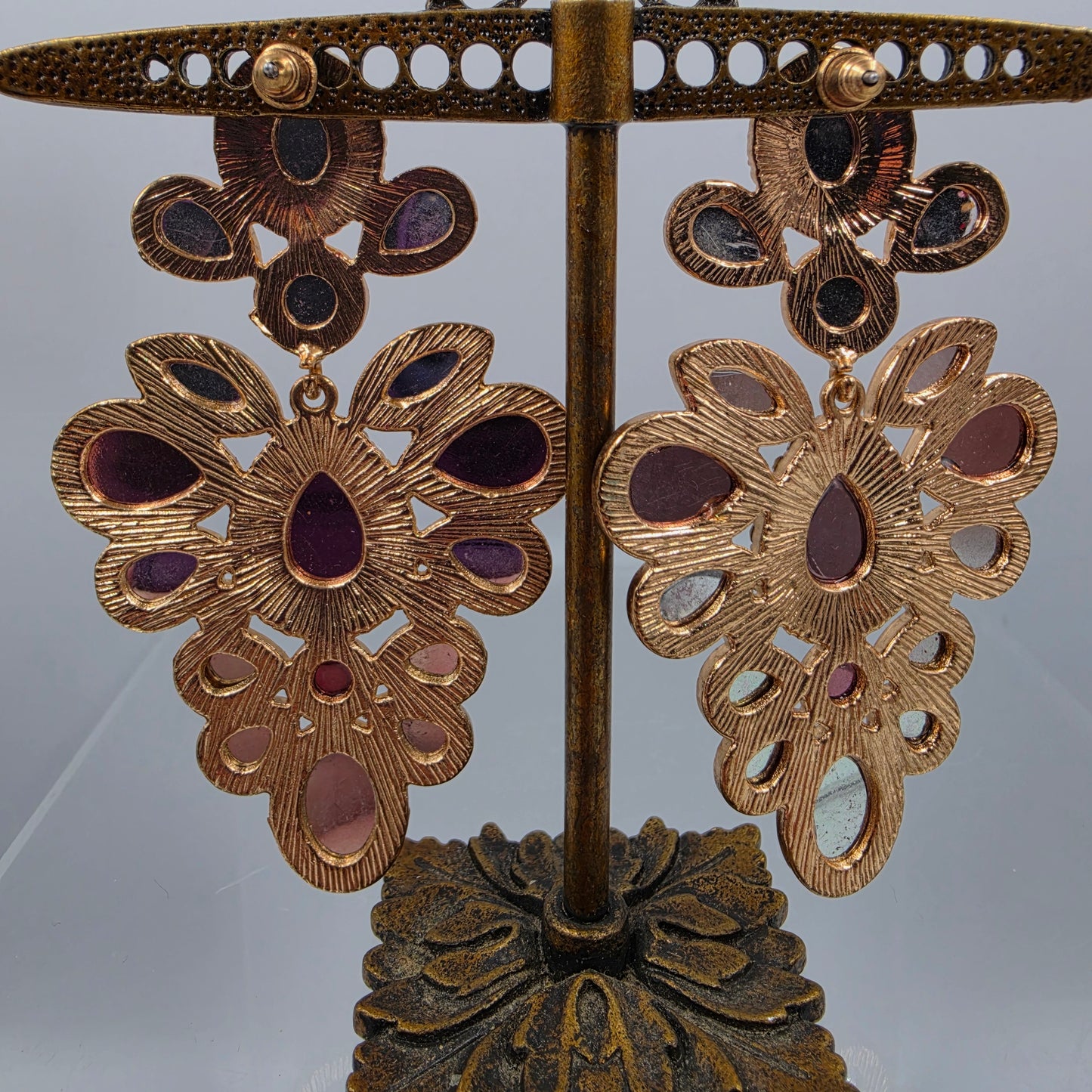 3" Mauve Pink/ Clear Rhinestone Statement Chandelier Earrings