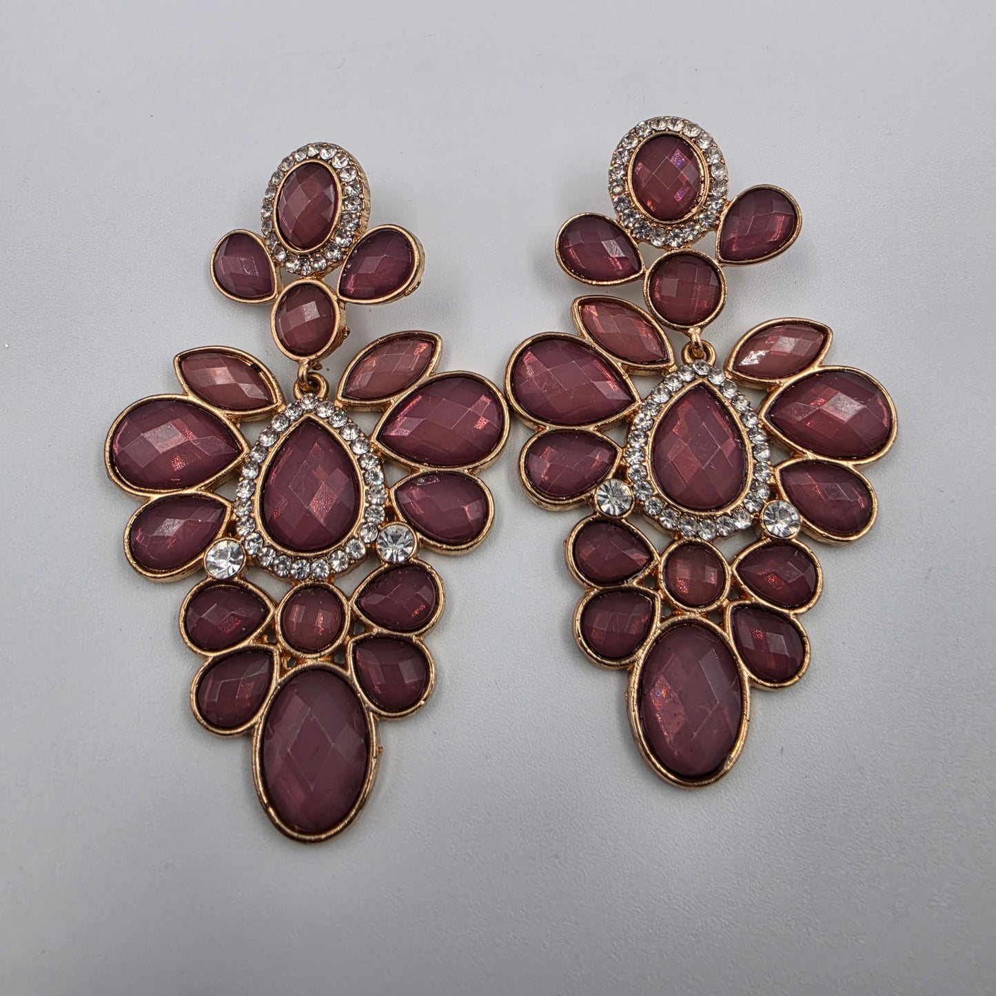 3" Mauve Pink/ Clear Rhinestone Statement Chandelier Earrings