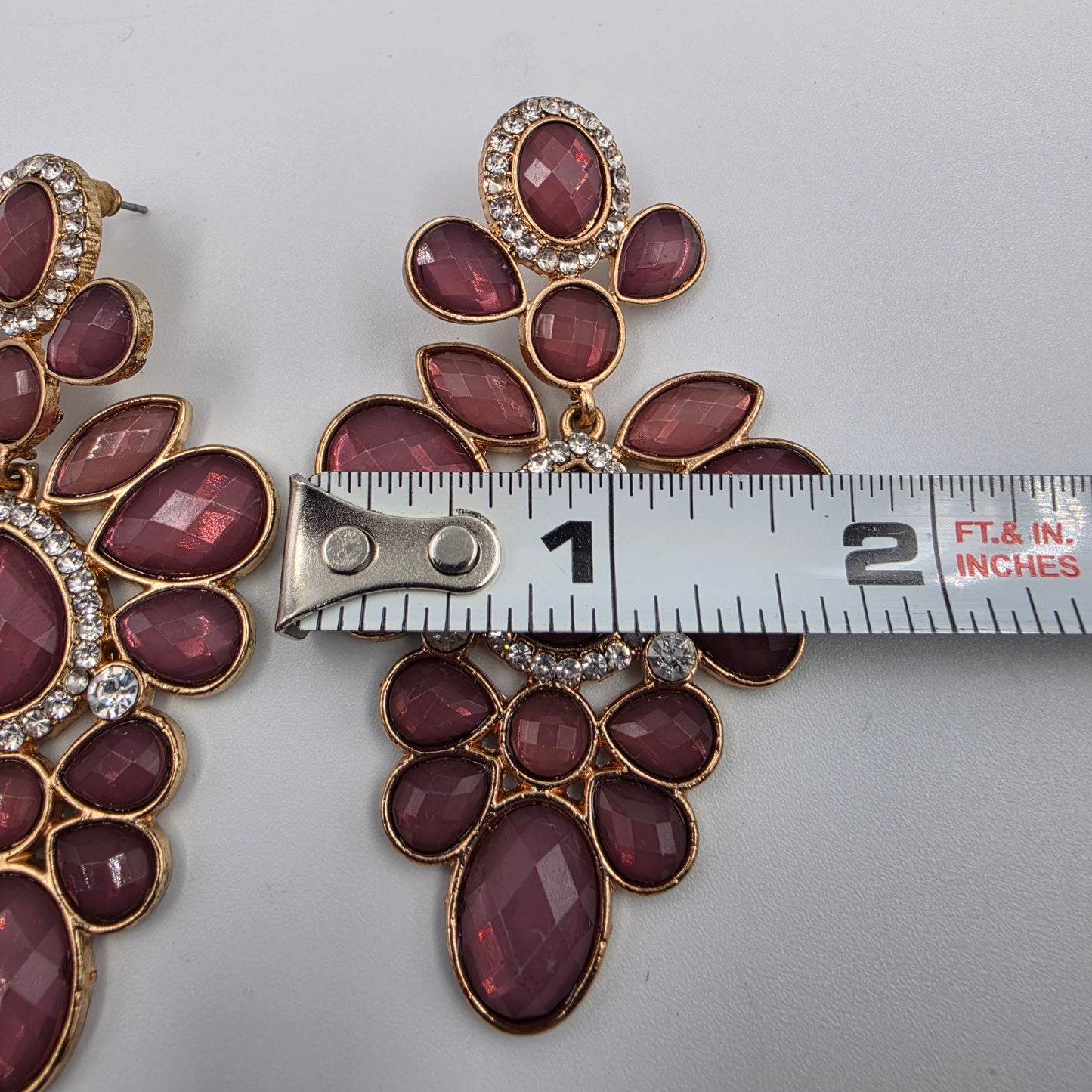3" Mauve Pink/ Clear Rhinestone Statement Chandelier Earrings