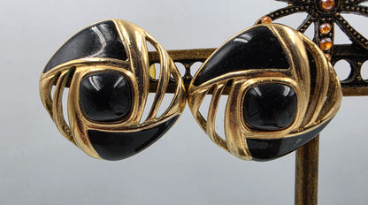 TRIFARI Black Enamel and Gold Tone 1980's Vintage Earrings