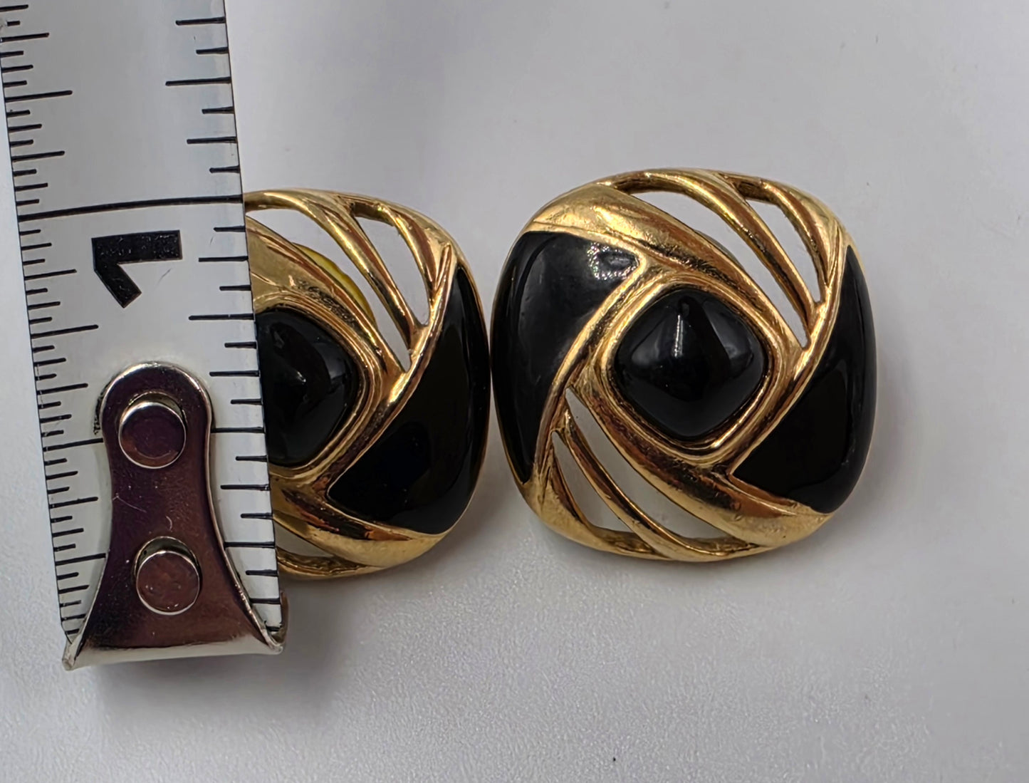 TRIFARI Black Enamel and Gold Tone 1980's Vintage Earrings