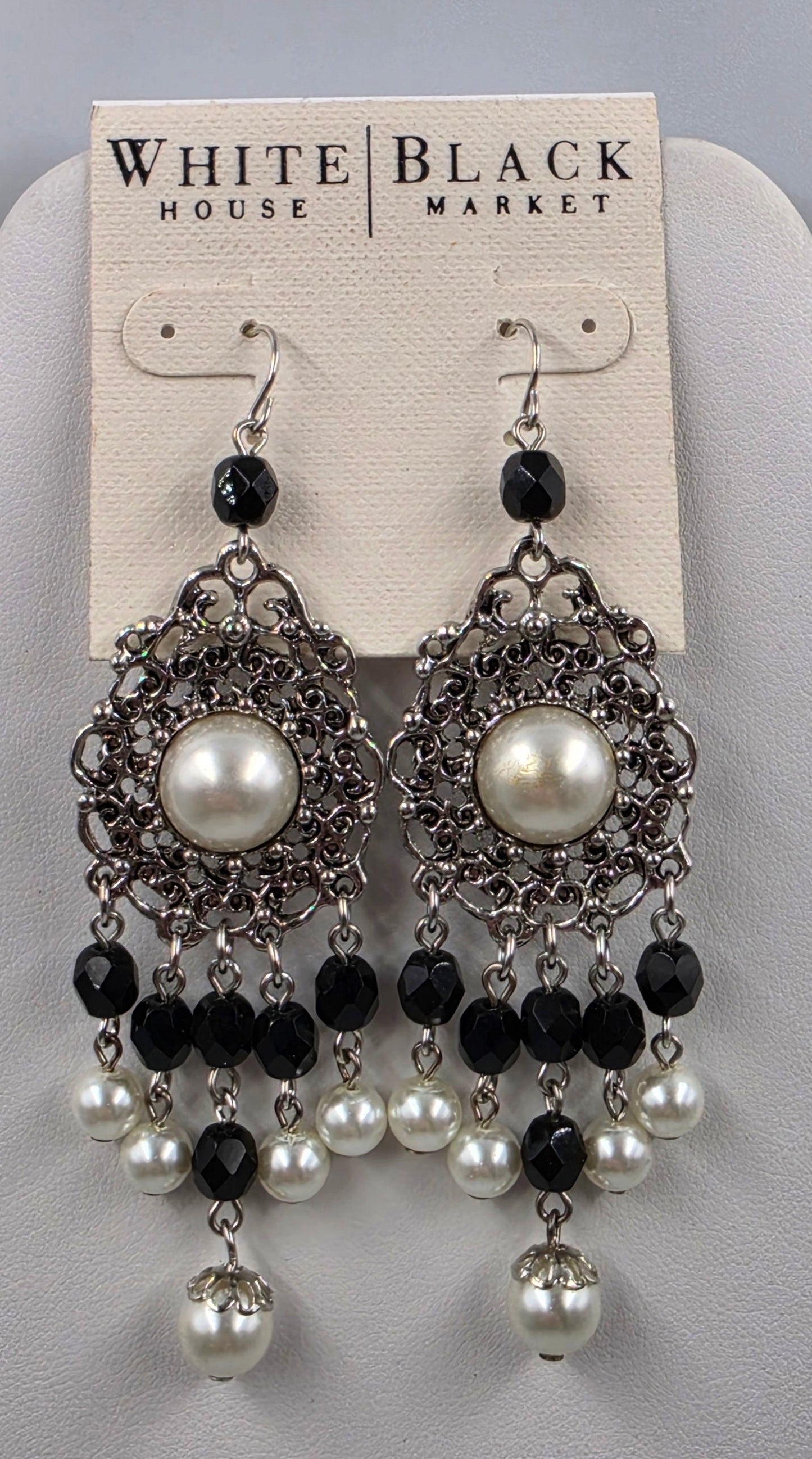 WHITE HOUSE BLACK MARKET Silver Tone Filagree/Faux Pearl/ Black Faceted Bead Statement Chandelier 3" Earrings