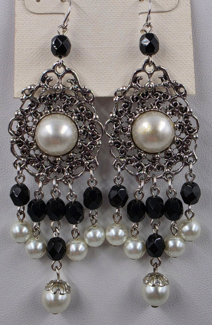 WHITE HOUSE BLACK MARKET Silver Tone Filagree/Faux Pearl/ Black Faceted Bead Statement Chandelier 3" Earrings