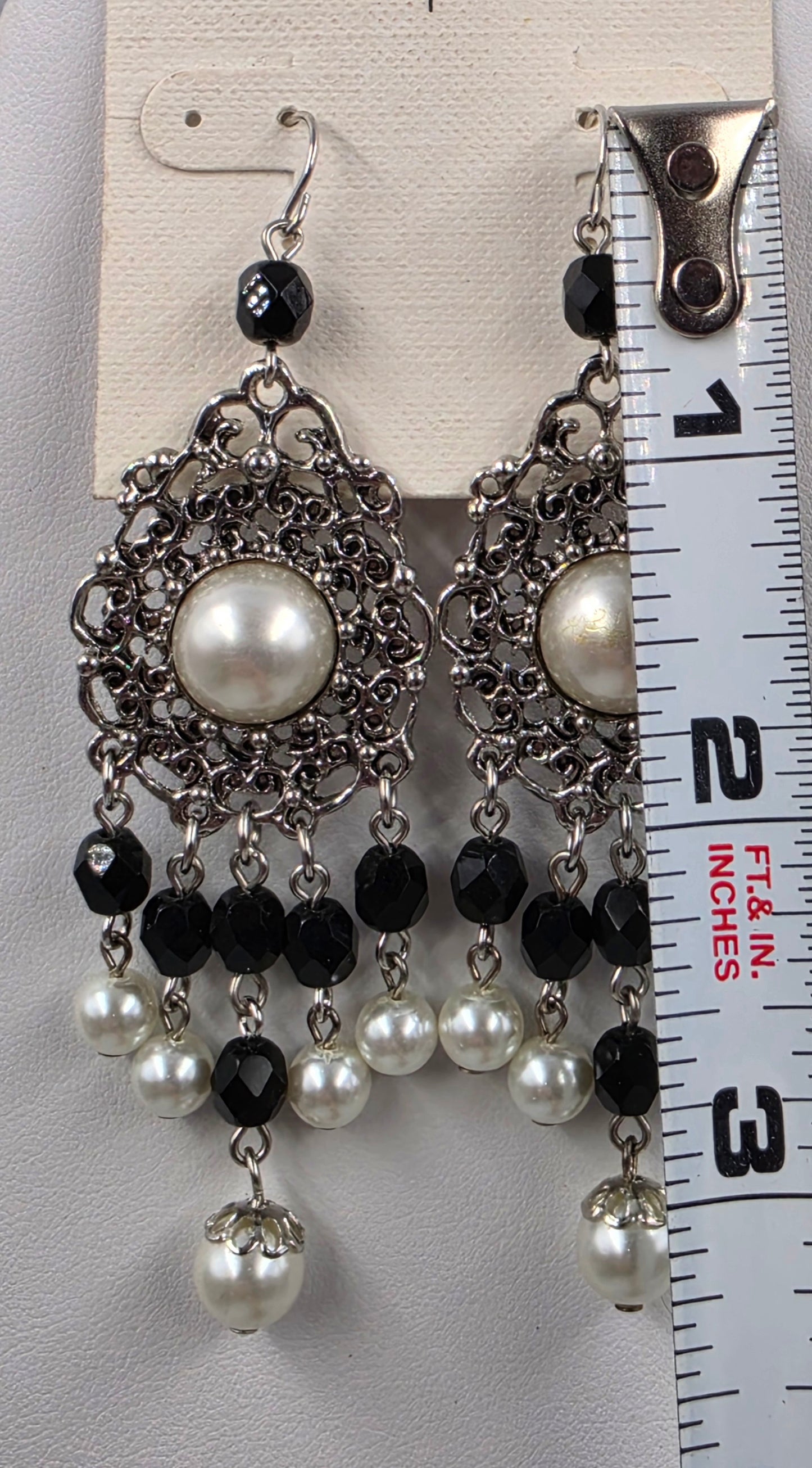 WHITE HOUSE BLACK MARKET Silver Tone Filagree/Faux Pearl/ Black Faceted Bead Statement Chandelier 3" Earrings