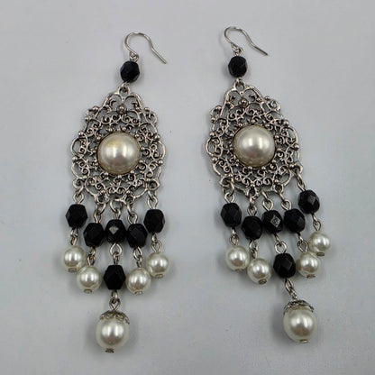 WHITE HOUSE BLACK MARKET Silver Tone Filagree/Faux Pearl/ Black Faceted Bead Statement Chandelier 3" Earrings