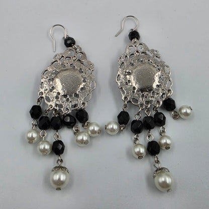 WHITE HOUSE BLACK MARKET Silver Tone Filagree/Faux Pearl/ Black Faceted Bead Statement Chandelier 3" Earrings