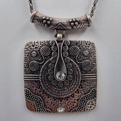 16"-19" Silver Tone/ Clear Crystal Rhinestone Southwest Style Square Pendant Necklace