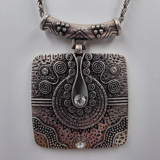 16"-19" Silver Tone/ Clear Crystal Rhinestone Southwest Style Square Pendant Necklace