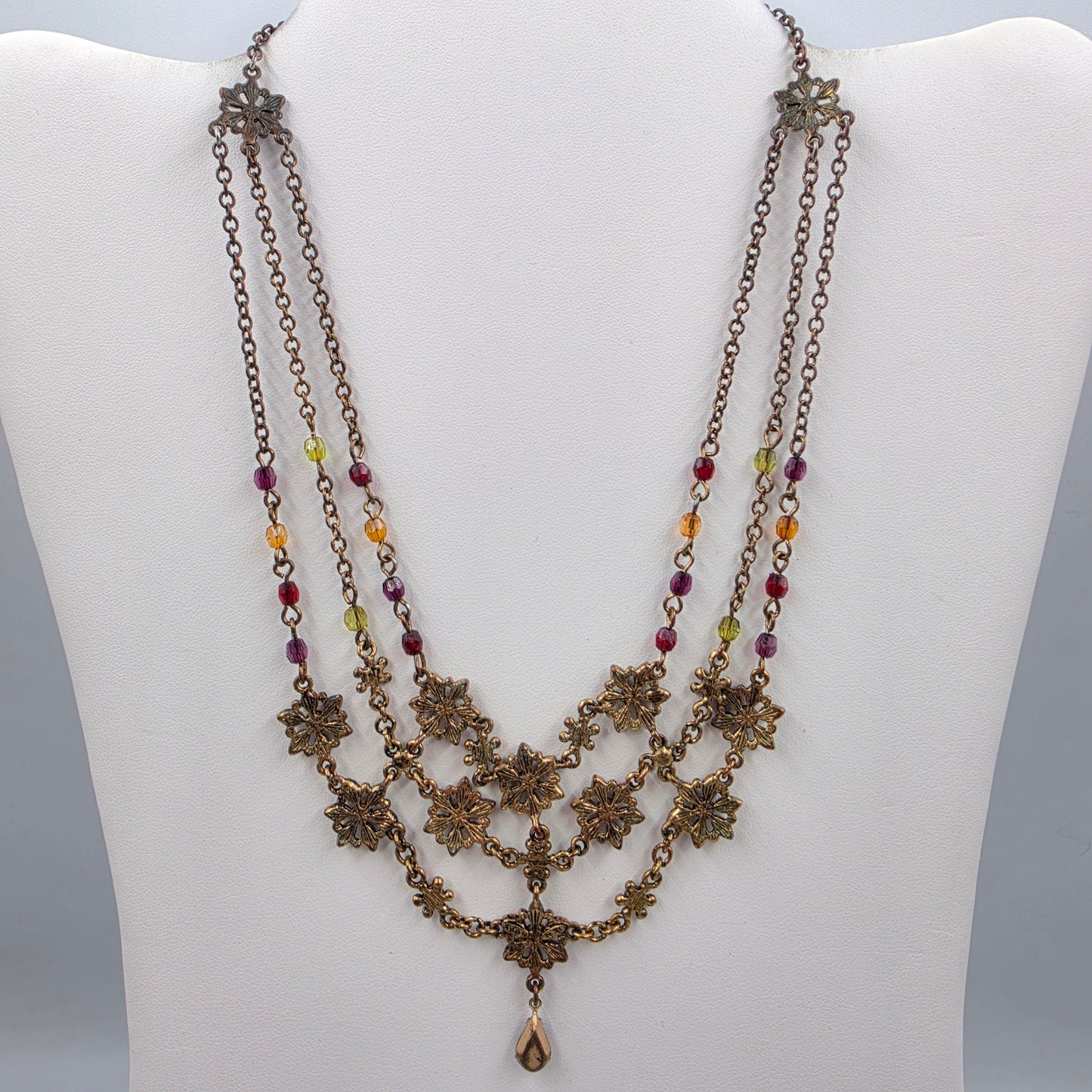 15.5" Maroon/Purple/Clear Rhinestone Floral Bib Necklace