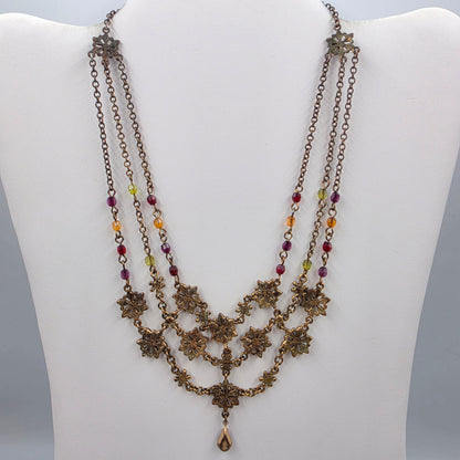 15.5" Maroon/Purple/Clear Rhinestone Floral Bib Necklace