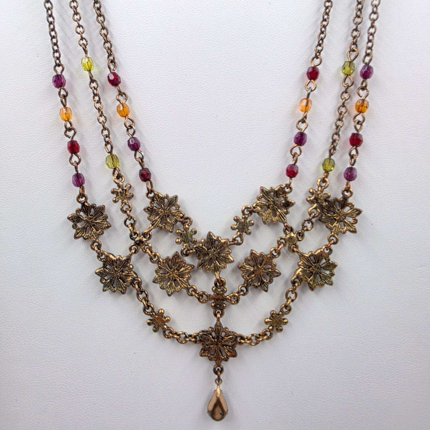 15.5" Maroon/Purple/Clear Rhinestone Floral Bib Necklace