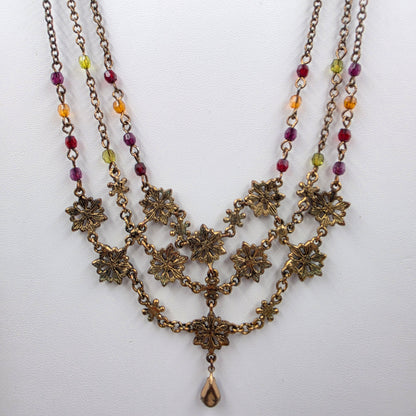 15.5" Maroon/Purple/Clear Rhinestone Floral Bib Necklace