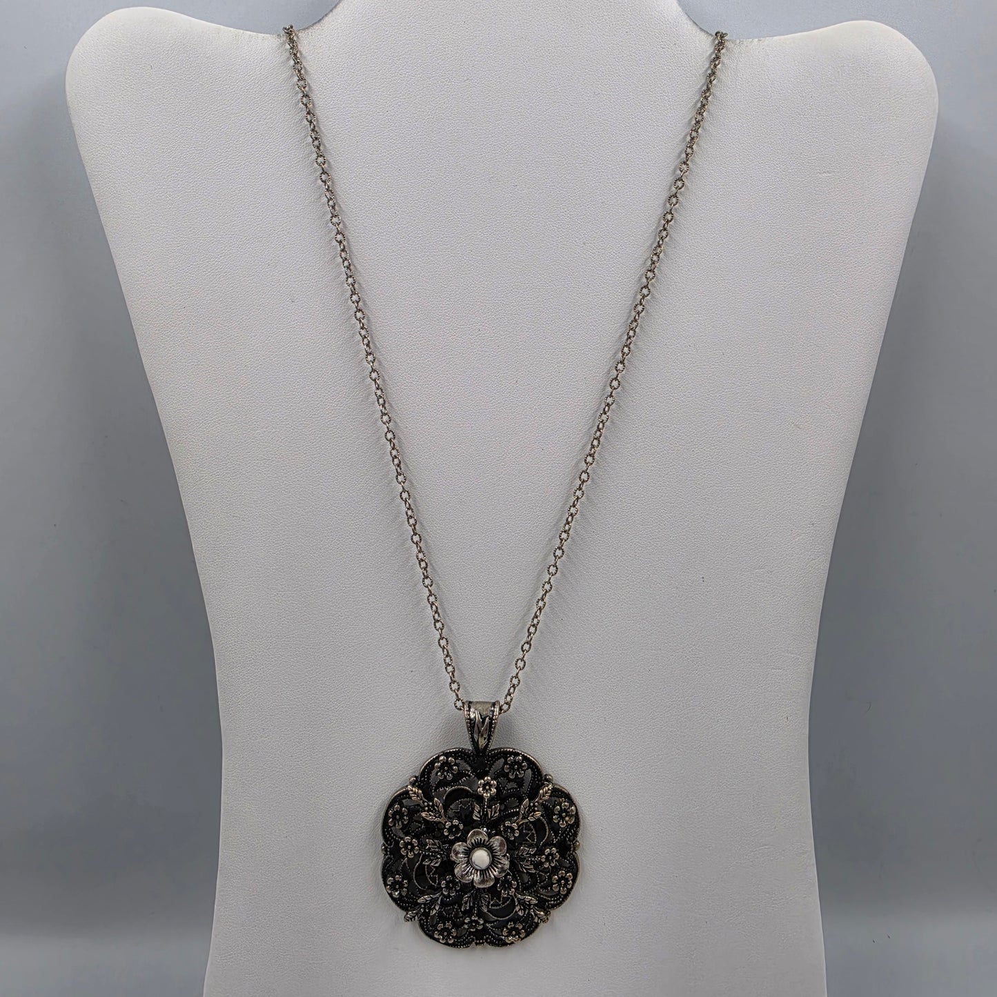 35"-38" Adjustable Vintage Black Enamel/Silver Plated Filagree Floral Necklace