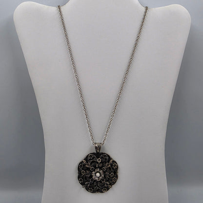 35"-38" Adjustable Vintage Black Enamel/Silver Plated Filagree Floral Necklace