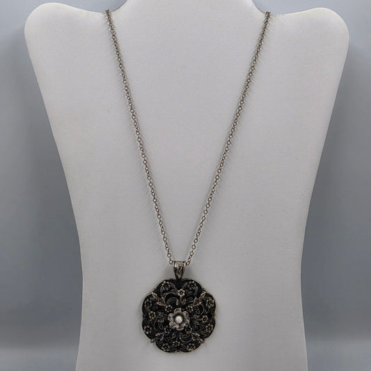 35"-38" Adjustable Vintage Black Enamel/Silver Plated Filagree Floral Necklace