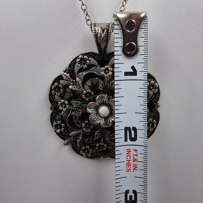 35"-38" Adjustable Vintage Black Enamel/Silver Plated Filagree Floral Necklace