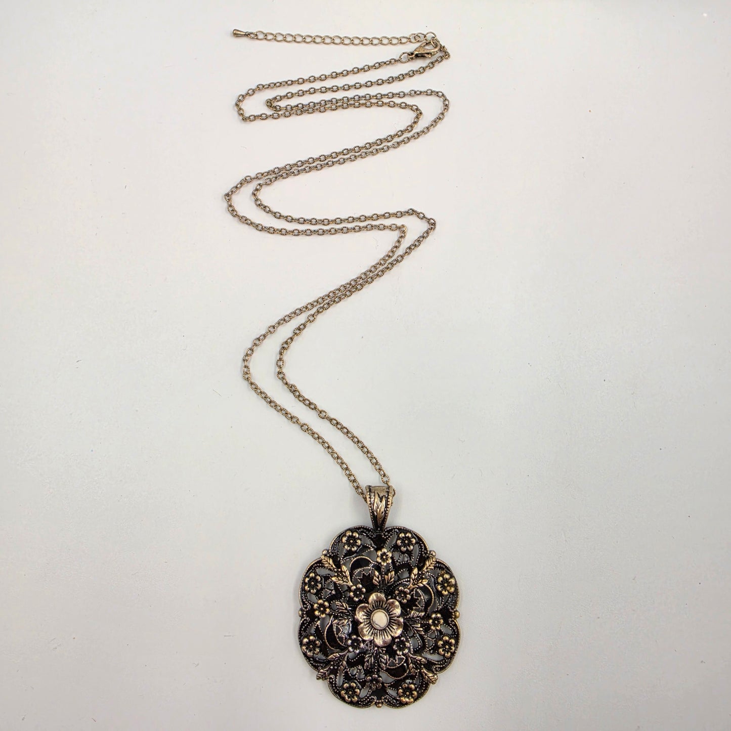 35"-38" Adjustable Vintage Black Enamel/Silver Plated Filagree Floral Necklace