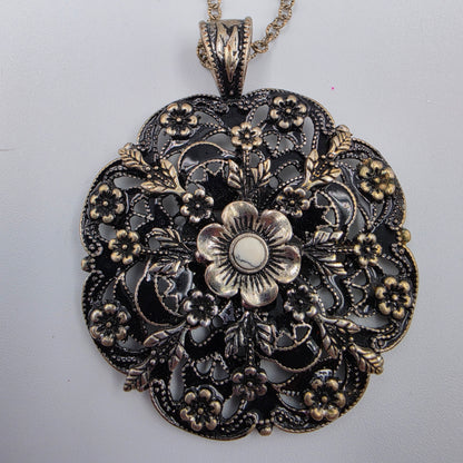 35"-38" Adjustable Vintage Black Enamel/Silver Plated Filagree Floral Necklace