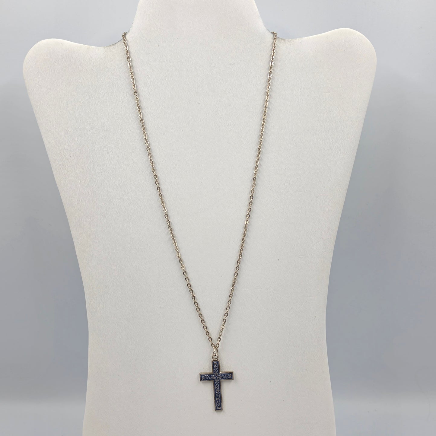 20" Silver Tone/Blue Painted Cross Necklace