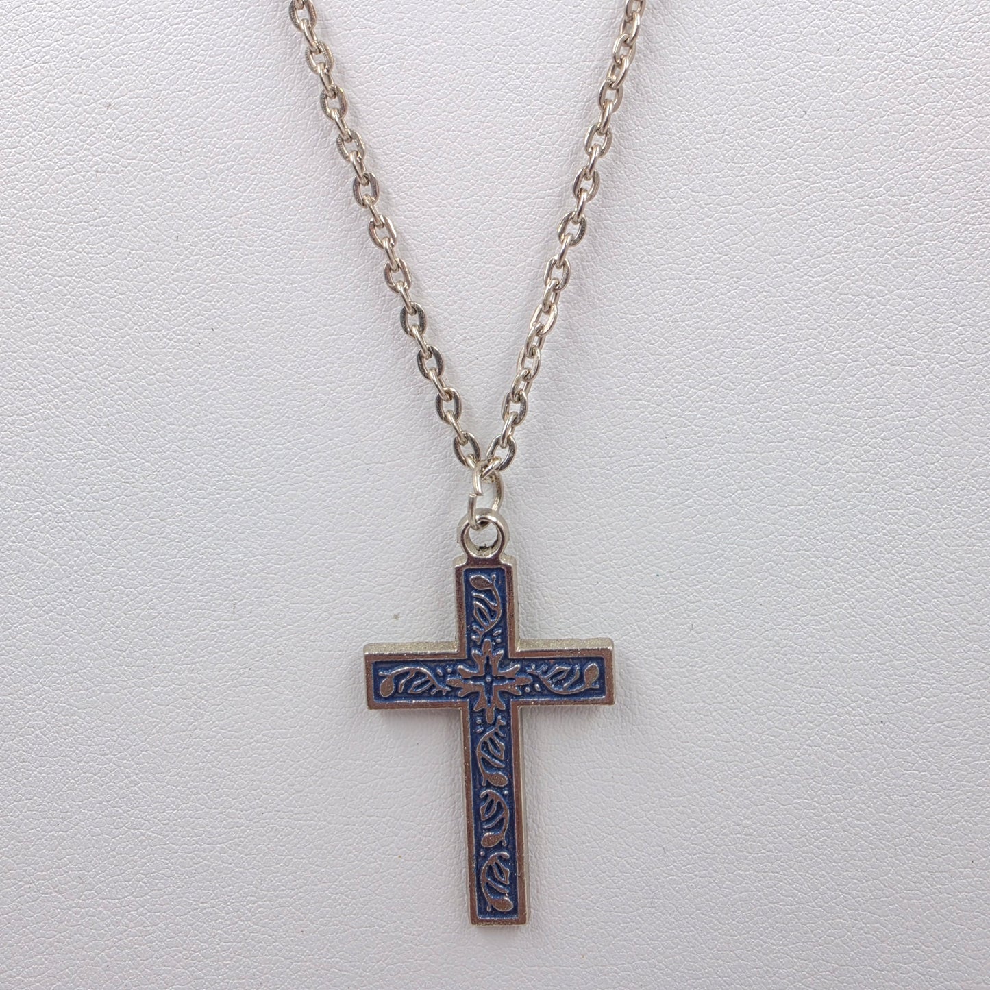 20" Silver Tone/Blue Painted Cross Necklace
