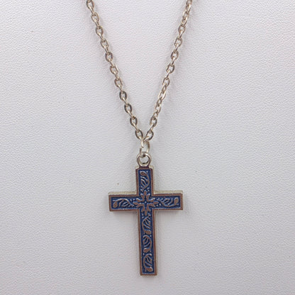 20" Silver Tone/Blue Painted Cross Necklace