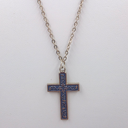 20" Silver Tone/Blue Painted Cross Necklace