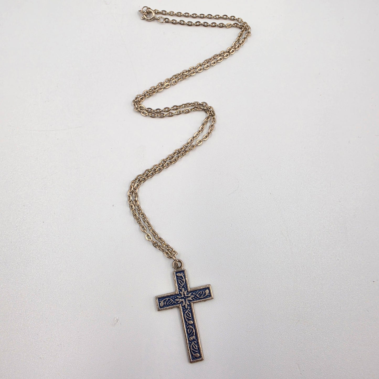 20" Silver Tone/Blue Painted Cross Necklace