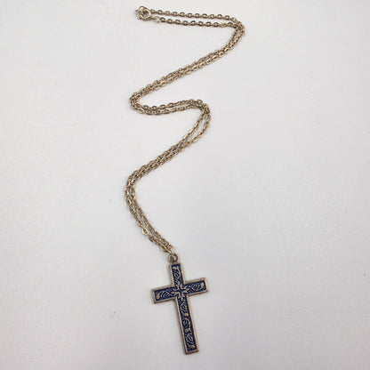 20" Silver Tone/Blue Painted Cross Necklace