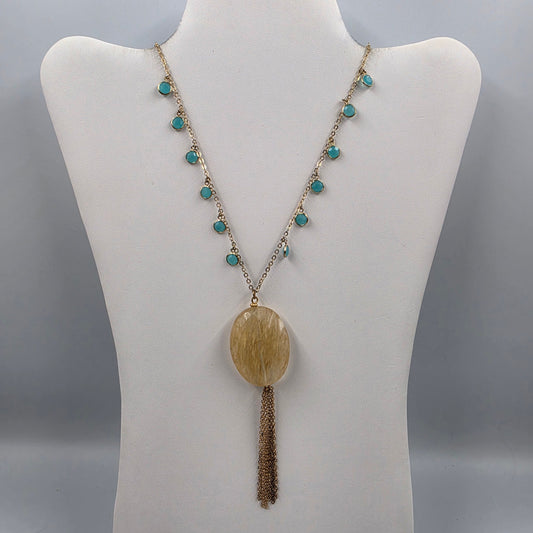 30"-33" Teal Acrylic Rhinestone/Resin Molded Quartz Style Stone Necklace
