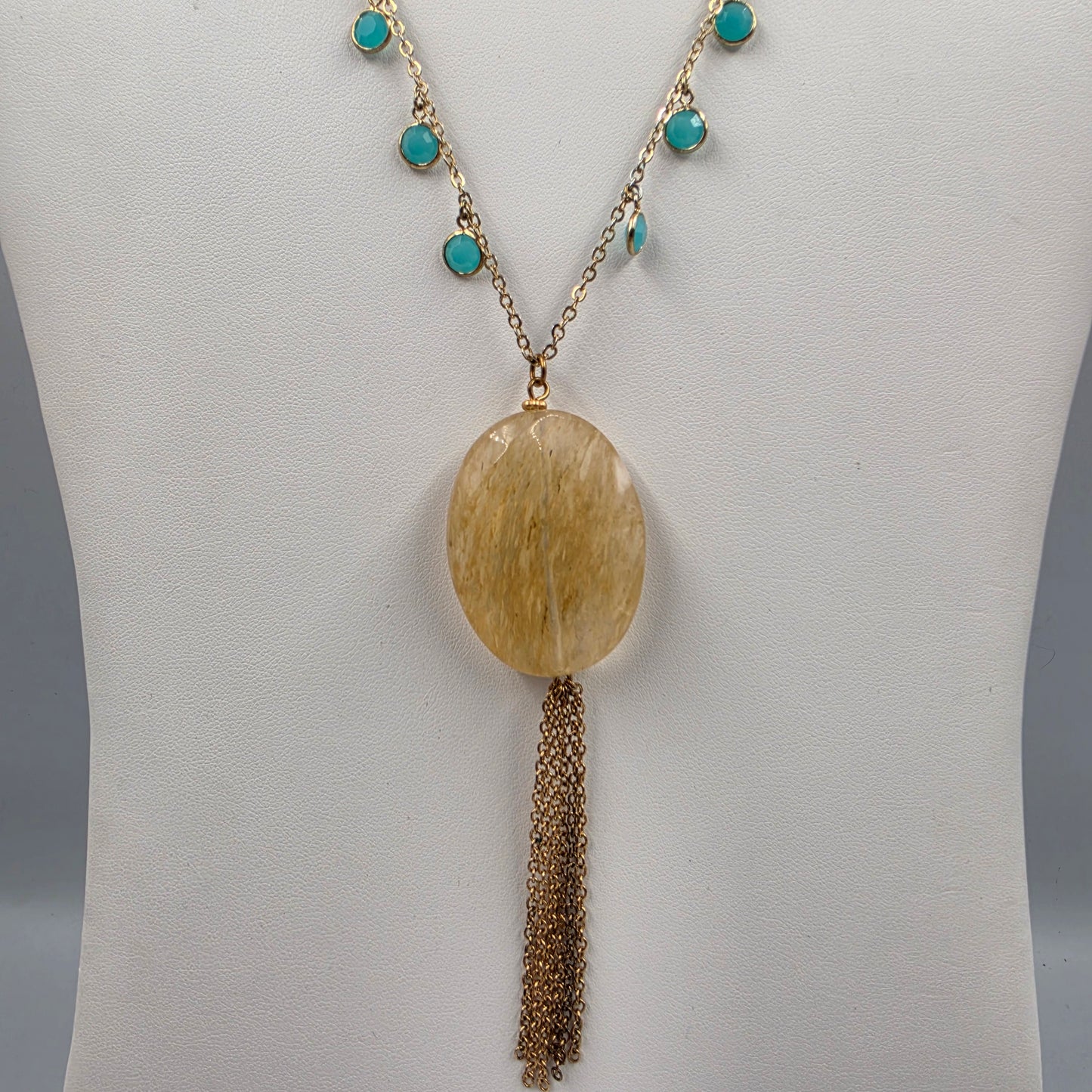 30"-33" Teal Acrylic Rhinestone/Resin Molded Quartz Style Stone Necklace