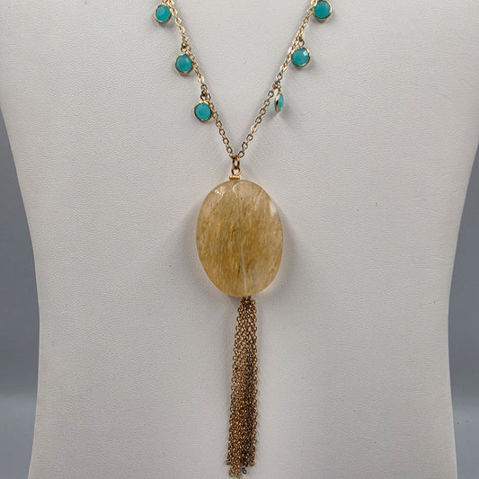 30"-33" Teal Acrylic Rhinestone/Resin Molded Quartz Style Stone Necklace