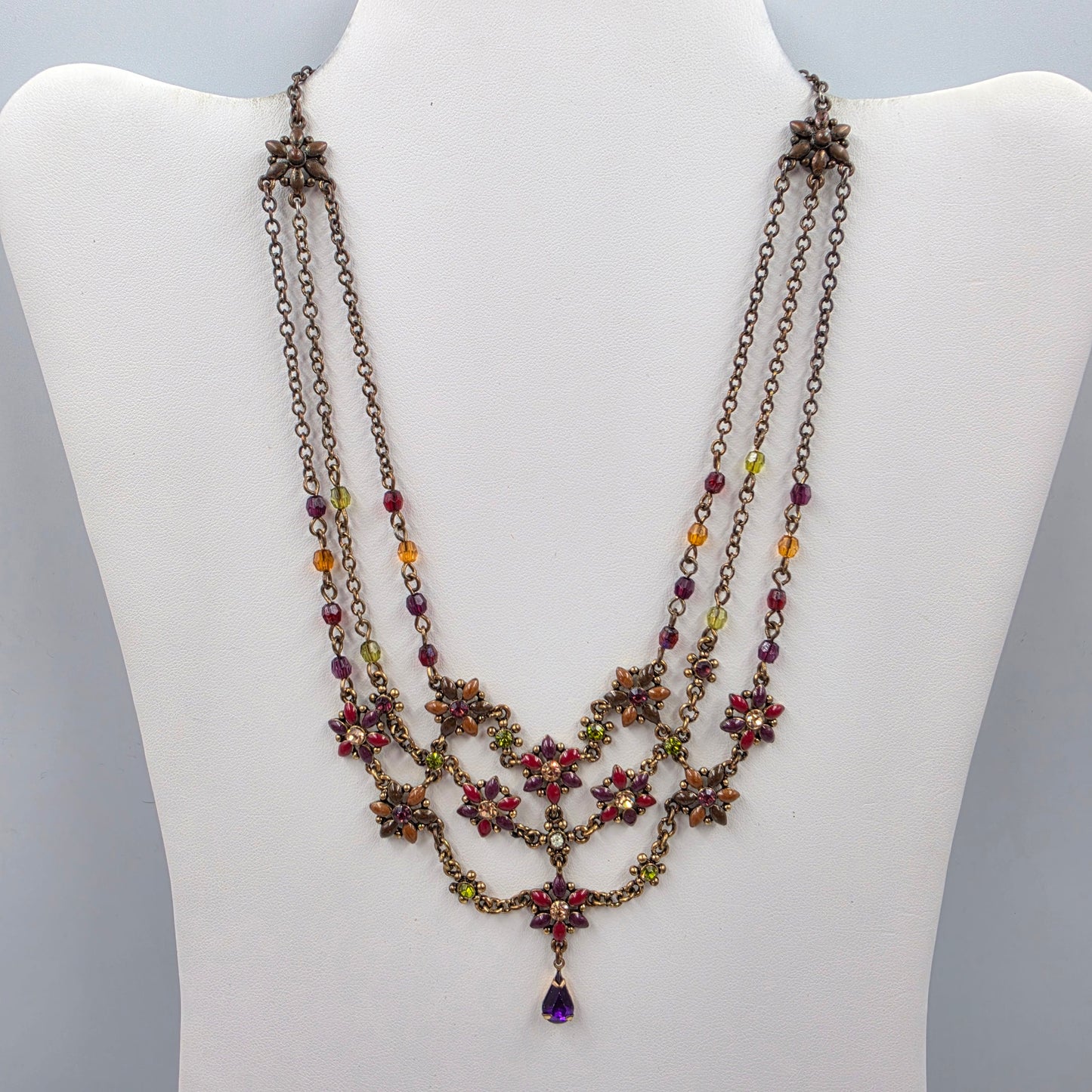 15.5" Maroon/Purple/Clear Rhinestone Floral Bib Necklace