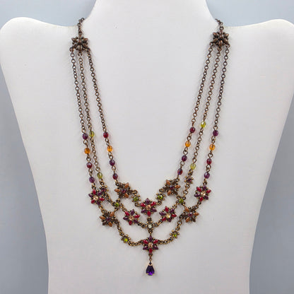 15.5" Maroon/Purple/Clear Rhinestone Floral Bib Necklace