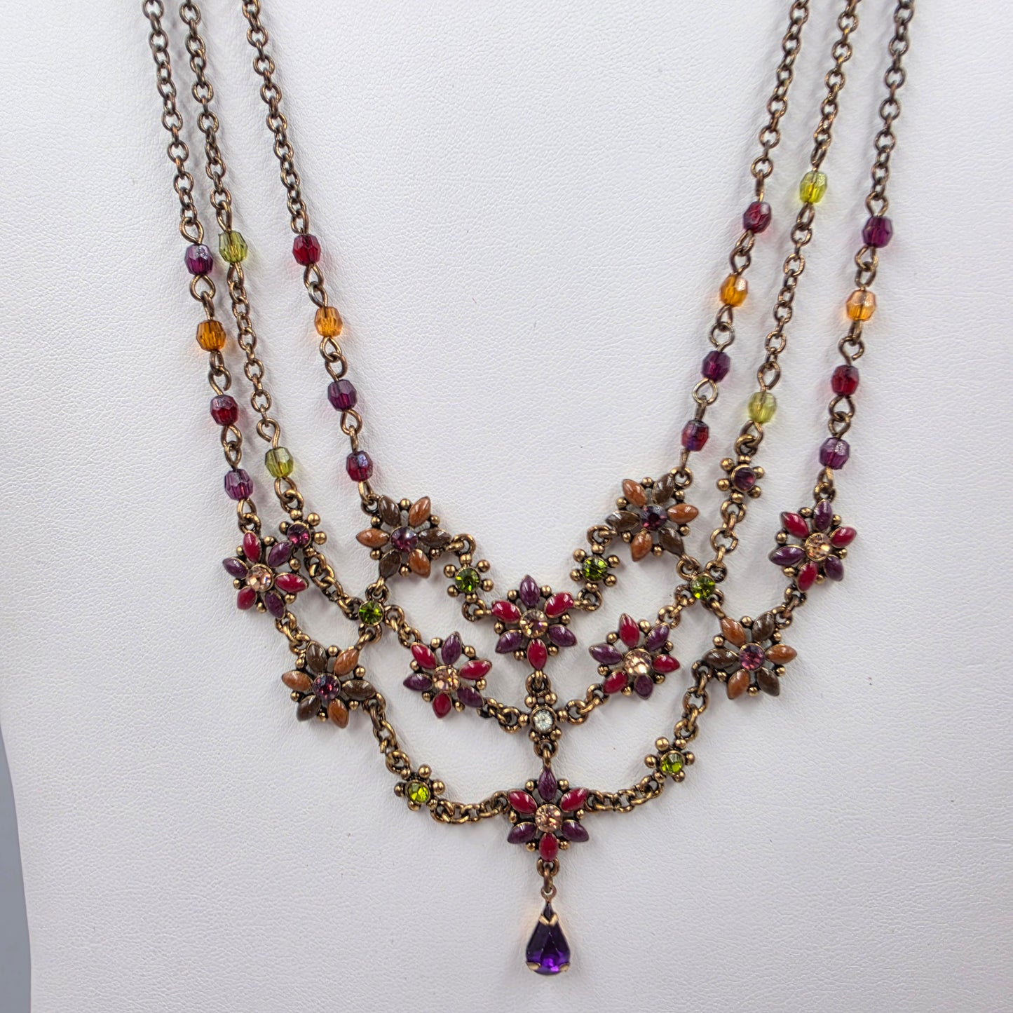 15.5" Maroon/Purple/Clear Rhinestone Floral Bib Necklace