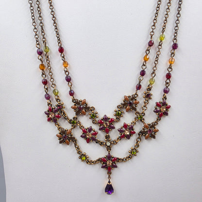 15.5" Maroon/Purple/Clear Rhinestone Floral Bib Necklace